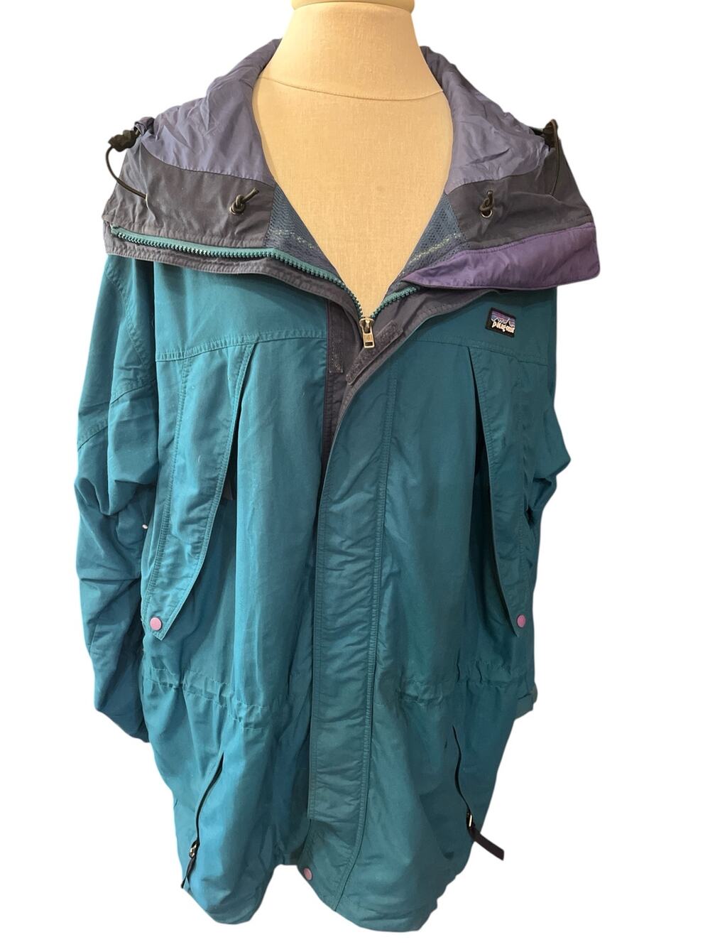 Vtg Patagonia Storm Racer Jacket/Hood-85030-Women-L-Teal-Cinch Drawstring-1092
